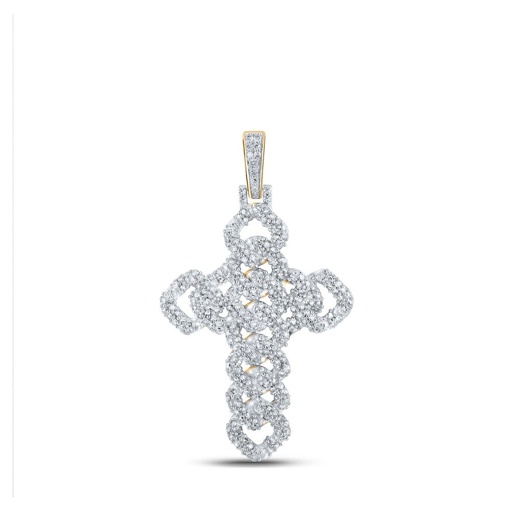 10kt Yellow Gold Men's Round Diamond Cuban Link Cross Charm Pendant - Captivating Diamond Delight - Splendid Jewellery