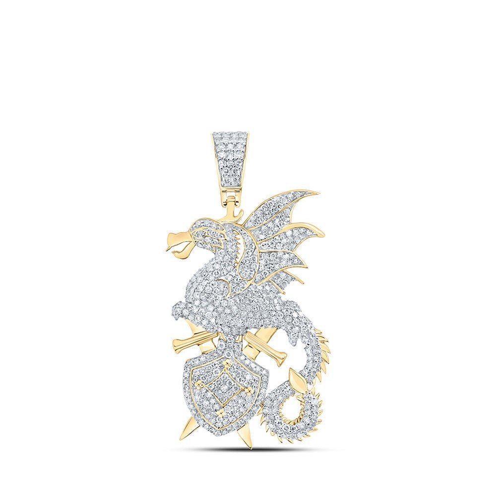 10kt Yellow Gold Men's Round Diamond Dragon Sword Shield Charm Pendant - 1 - 5/8 Cttw - Splendid Jewellery