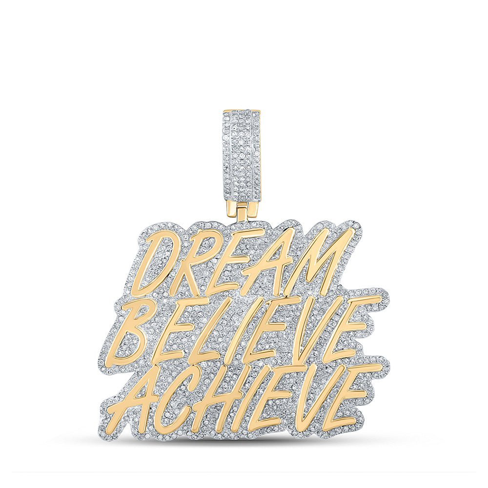 10kt Yellow Gold Men's Round Diamond Dream Believe Achieve Charm Pendant - 1 - 3/4 Cttw | Splendid Jewellery - Splendid Jewellery