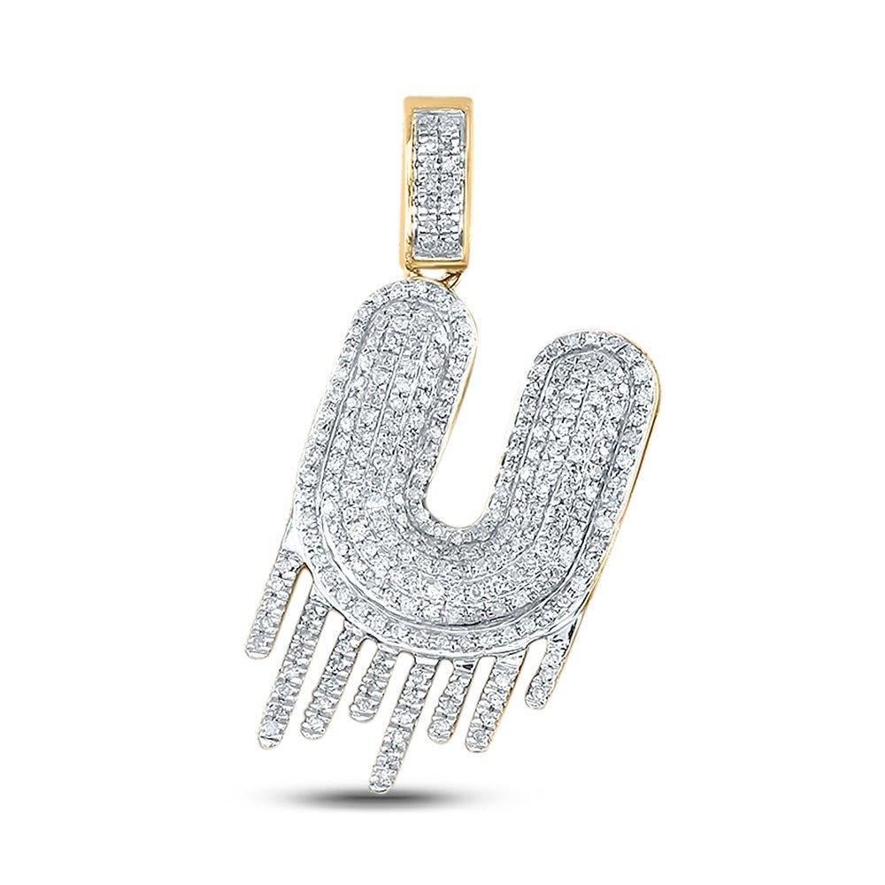 10kt Yellow Gold Mens Round Diamond Dripping U Letter Charm Pendant 3/4 Cttw - Splendid Jewellery