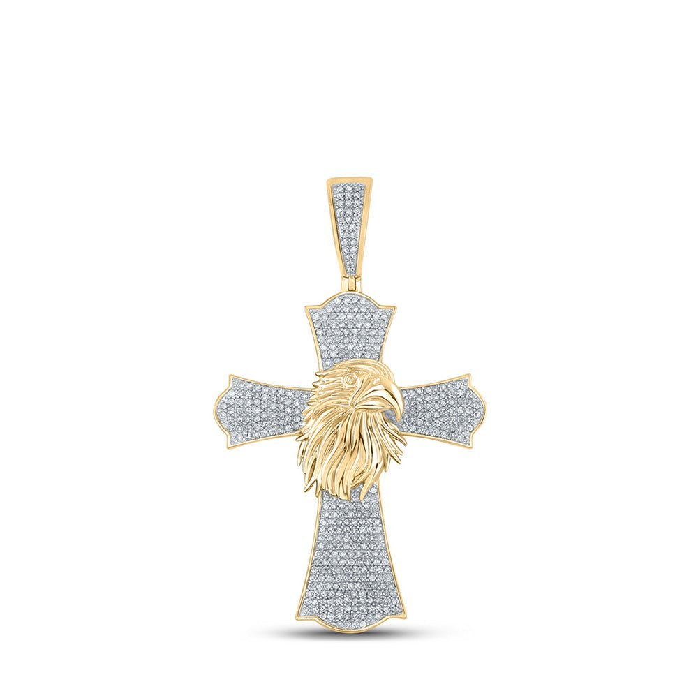 10kt Yellow Gold Men's Round Diamond Eagle Cross Charm Pendant 1 Cttw - A Majestic Symbol of Faith and Style - Splendid Jewellery