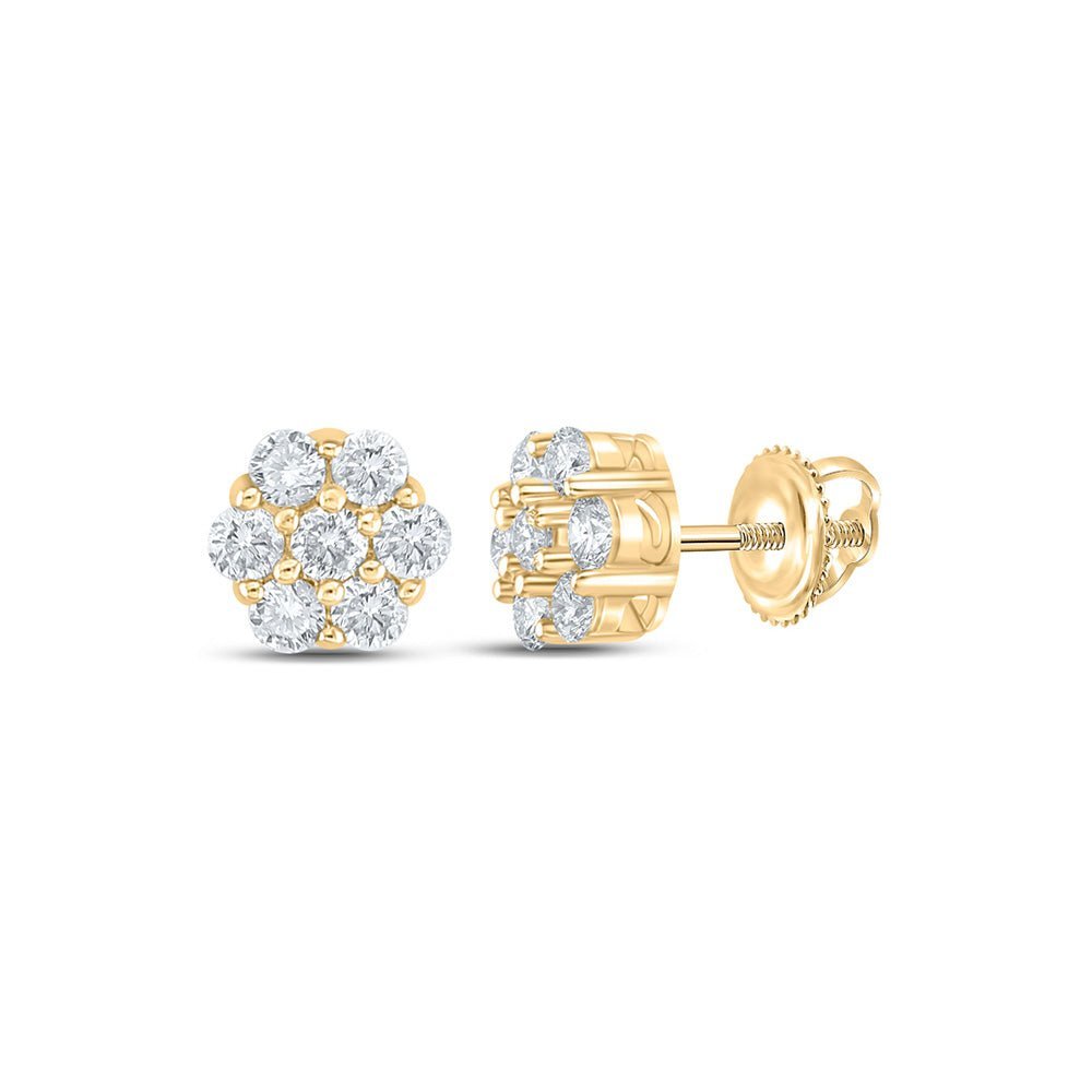 10kt Yellow Gold Men's Round Diamond Flower Cluster Earrings - Dazzling Floral Brilliance - Splendid Jewellery