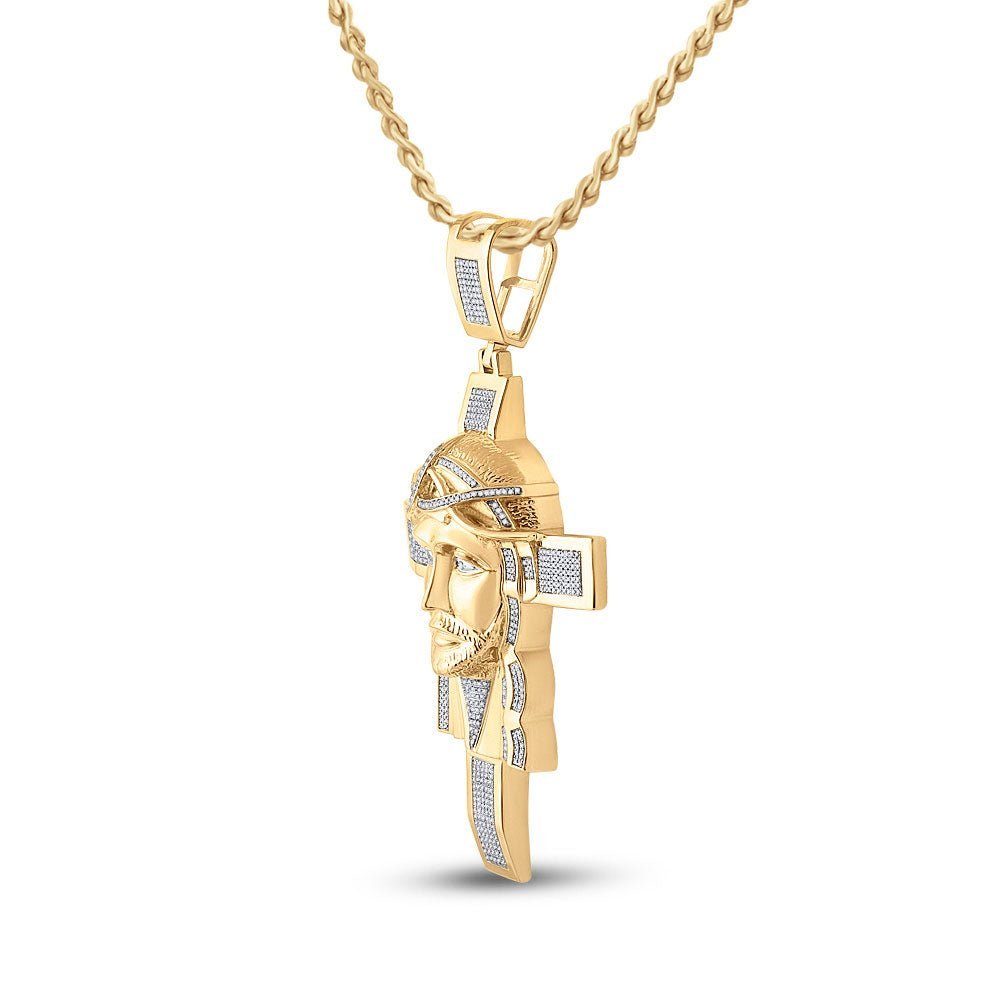 10kt Yellow Gold Men's Round Diamond Jesus Face Cross Charm Pendant - 1 - 1/4 Cttw | Splendid Jewellery - Splendid Jewellery