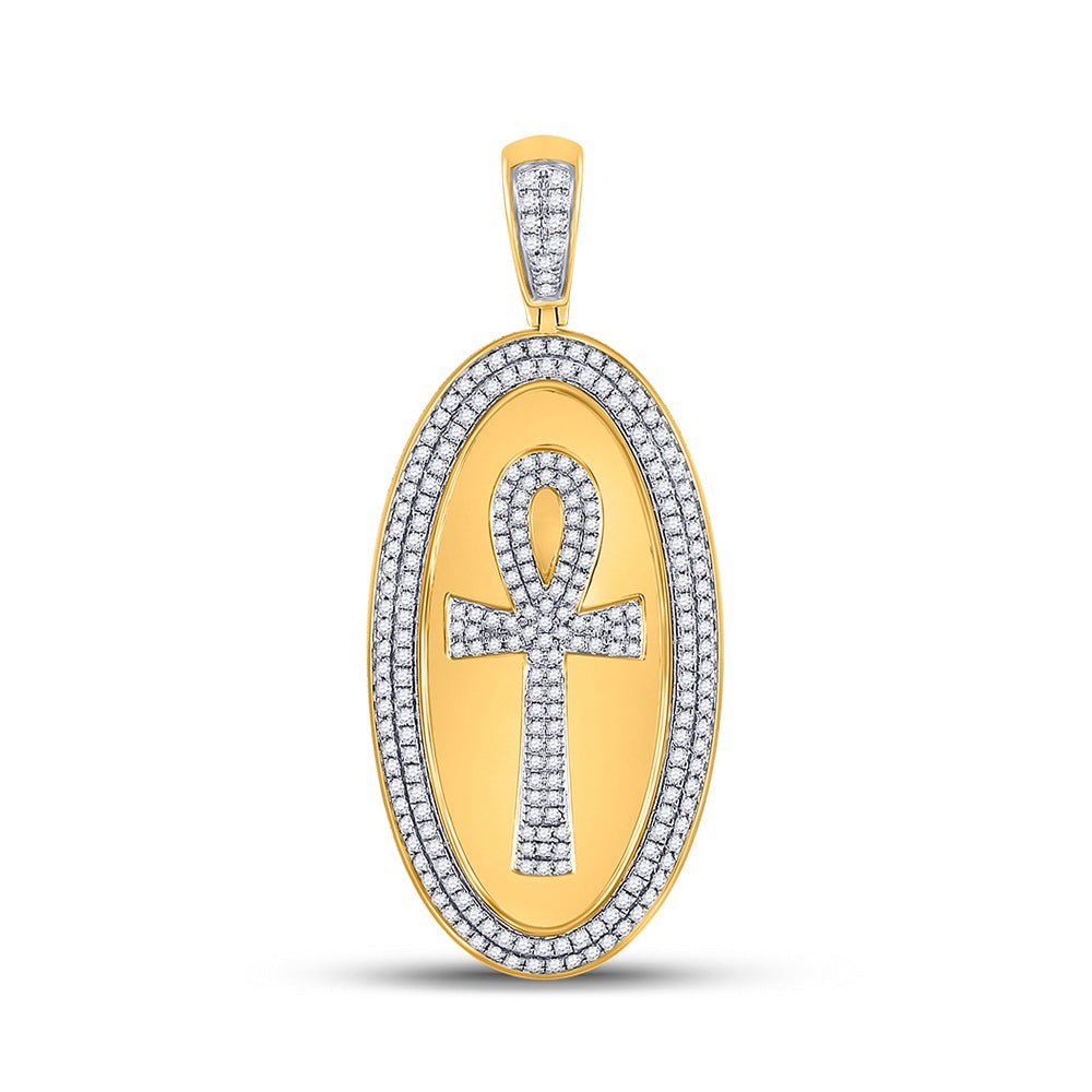 10kt Yellow Gold Men's Round Diamond Oval Ankh Cross Charm Pendant - 2 Cttw | Splendid Jewellery - Splendid Jewellery