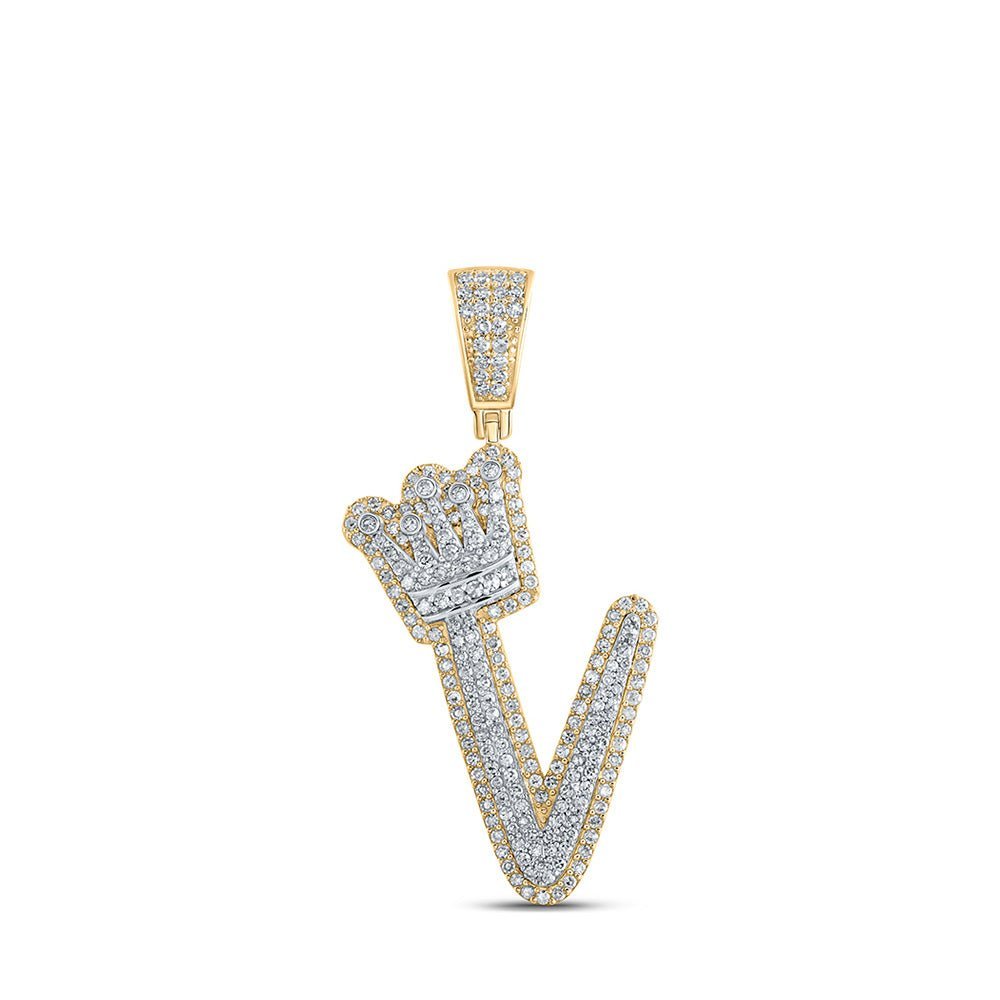 10kt Yellow Gold Mens Round Diamond V Crown Letter Charm Pendant 1 Cttw - Splendid Jewellery