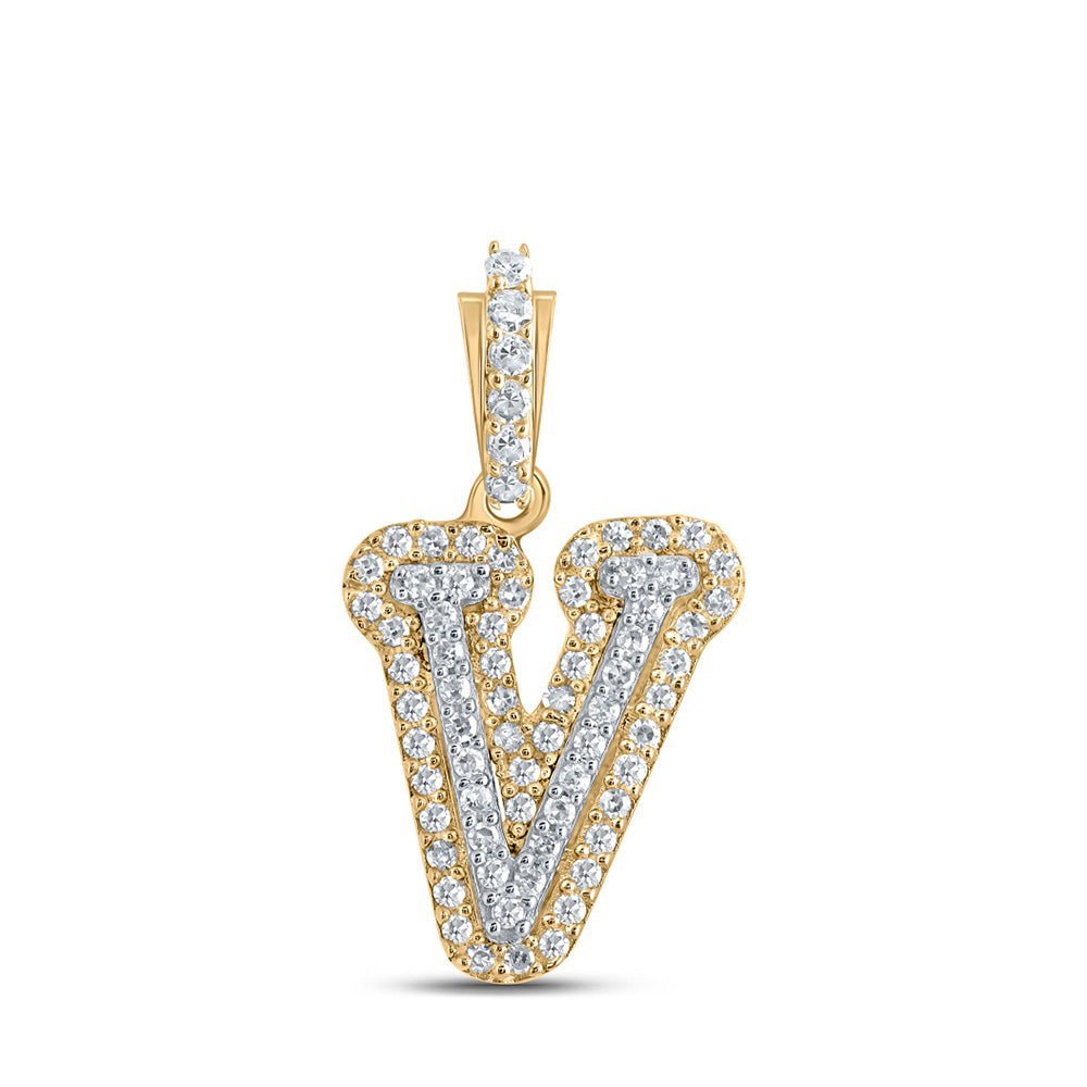 10kt Yellow Gold Men's Round Diamond V Initial Letter Charm Pendant - 1/5 Cttw - Splendid Jewellery