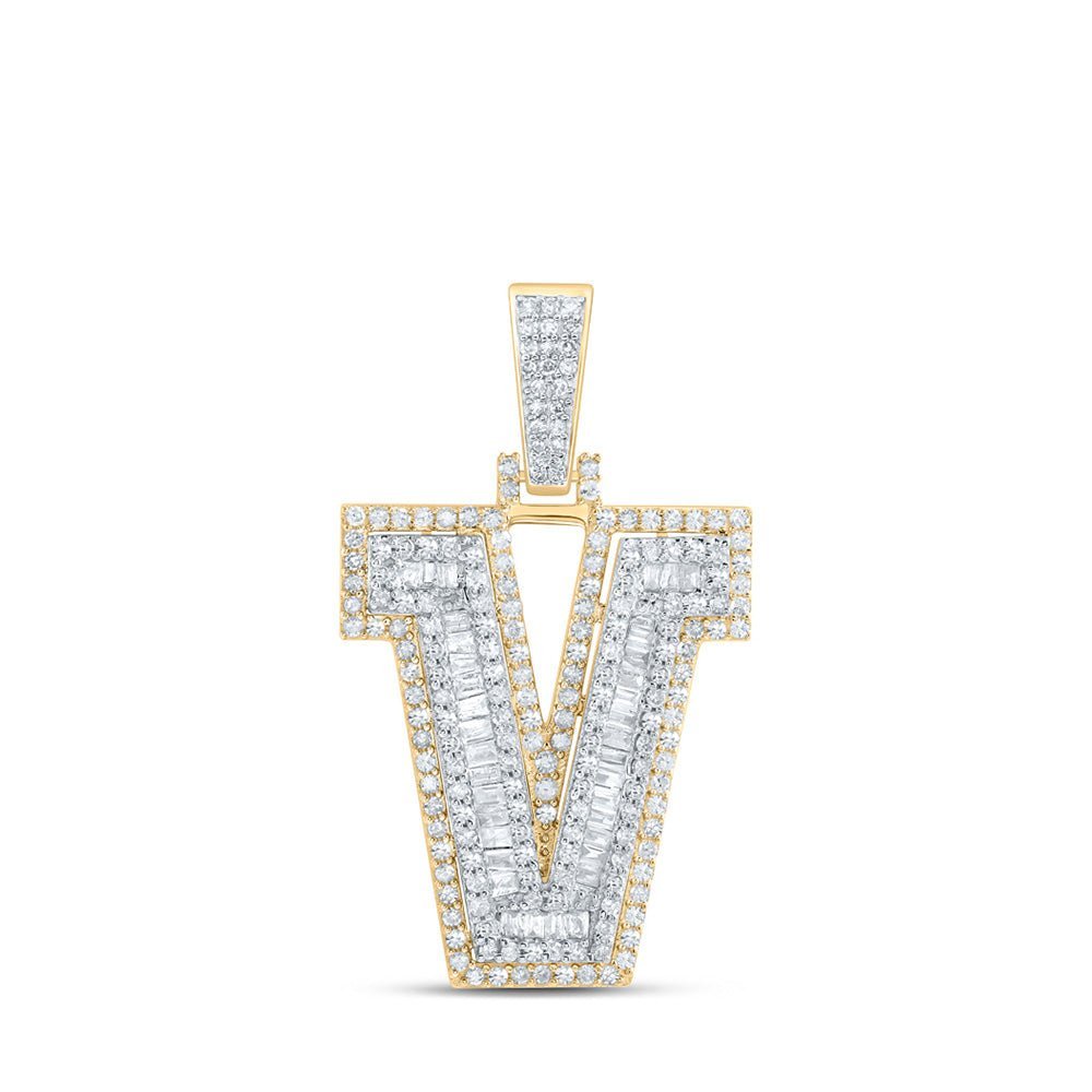 10kt Yellow Gold Men's Round Diamond V Initial Letter Charm Pendant - 7/8 Cttw - Splendid Jewellery