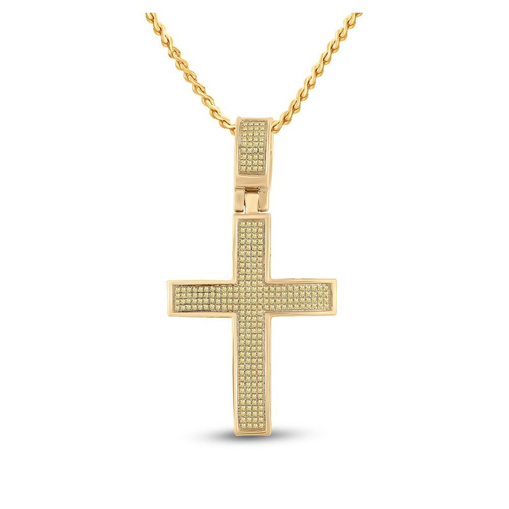 10kt Yellow Gold Men's Round Yellow Color Enhanced Diamond Cross Charm Pendant 1/2 Cttw | Splendid Jewellery - Splendid Jewellery