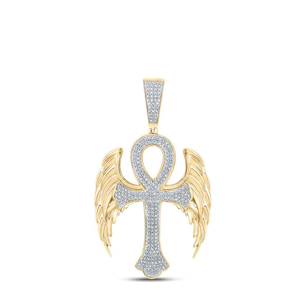 10kt Yellow Gold Men's Wing Ankh Cross Diamond Pendant - 5/8 Cttw - Splendid Jewellery