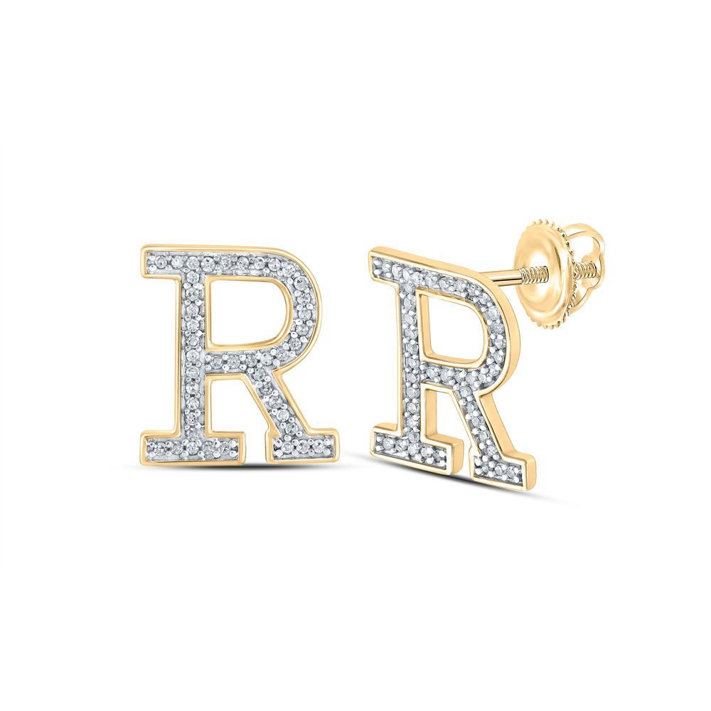 10kt Yellow Gold Womens Round Diamond R Initial Letter Earrings 1/6 Cttw | Splendid Jewellery: "Radiant Reflections: Personalized 10kt Yellow Gold Diamond Initial Earrings" - Splendid Jewellery