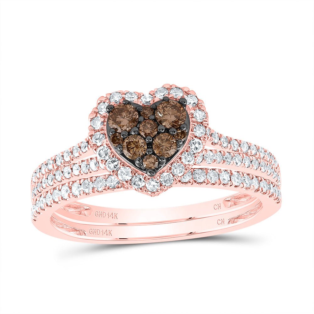 14K Rose Gold Diamond Cognac Heart Bridal Set 3/4 Cttw - Splendid Jewellery