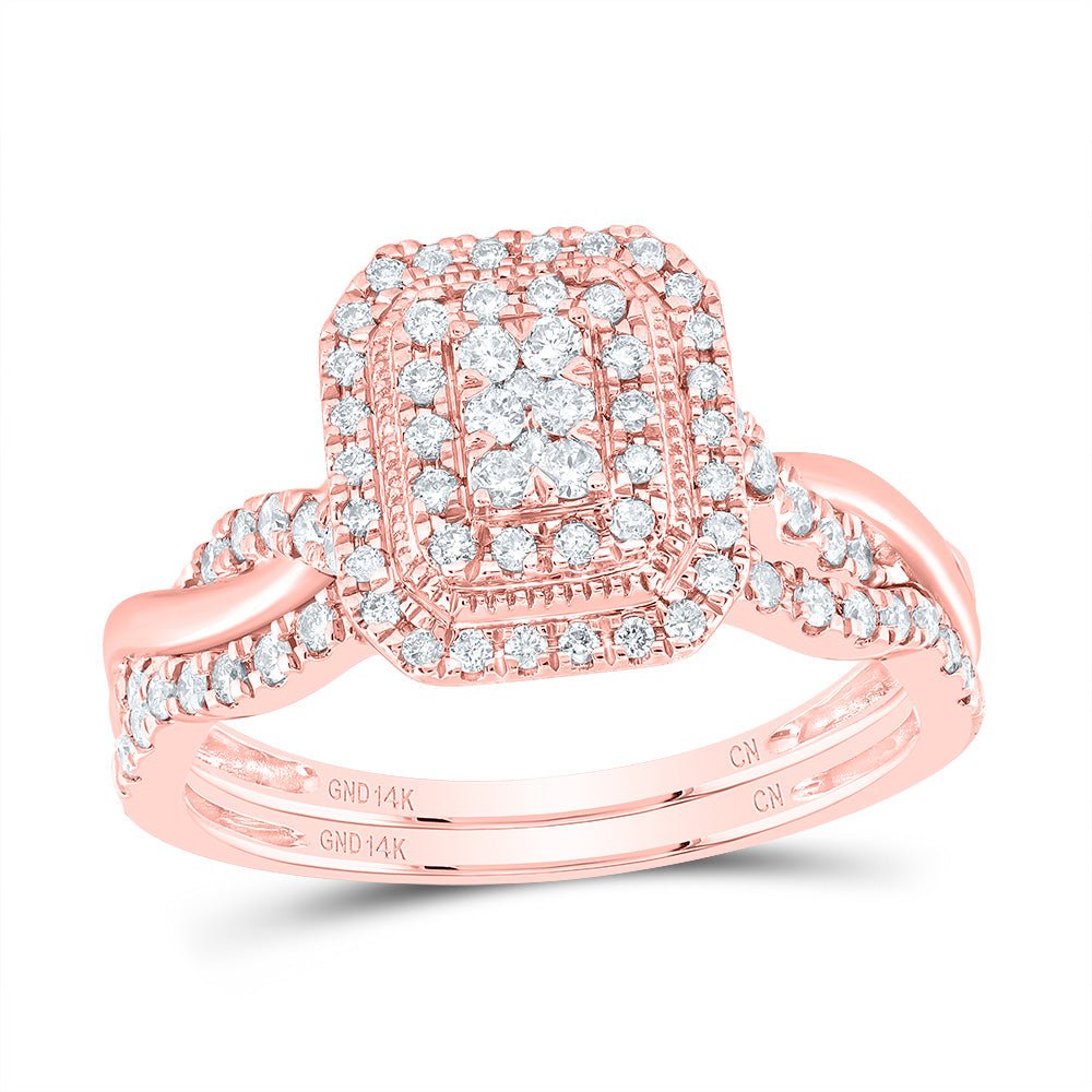 14K Rose Gold Diamond Emerald Double Halo Bridal Set 1/2 Cttw - Splendid Jewellery