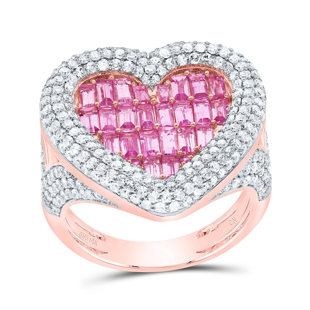 14K Rose Gold Diamond Pink Sapphire Gemstone Heart Ring 1 5/8 Cttw - Splendid Jewellery
