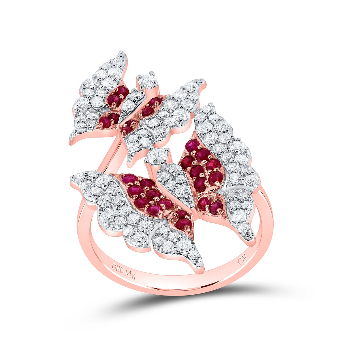 14K Rose Gold Diamond Ruby Gemstone Butterfly Ring 3/4 Cttw - Splendid Jewellery