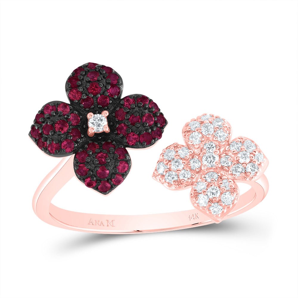 14K Rose Gold Diamond Ruby Gemstone Flower Ring 1/6 Cttw - Splendid Jewellery