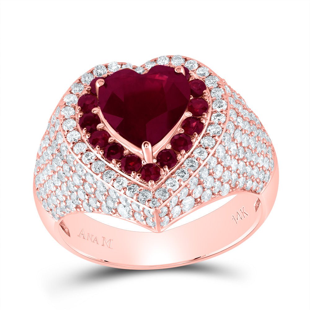 14K Rose Gold Diamond Ruby Gemstone Heart Ring 1 5/8 Cttw - Splendid Jewellery