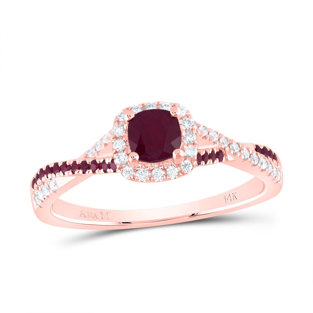 14K Rose Gold Diamond Ruby Gemstone Single Halo Bridal Ring 1/8 Cttw - Splendid Jewellery