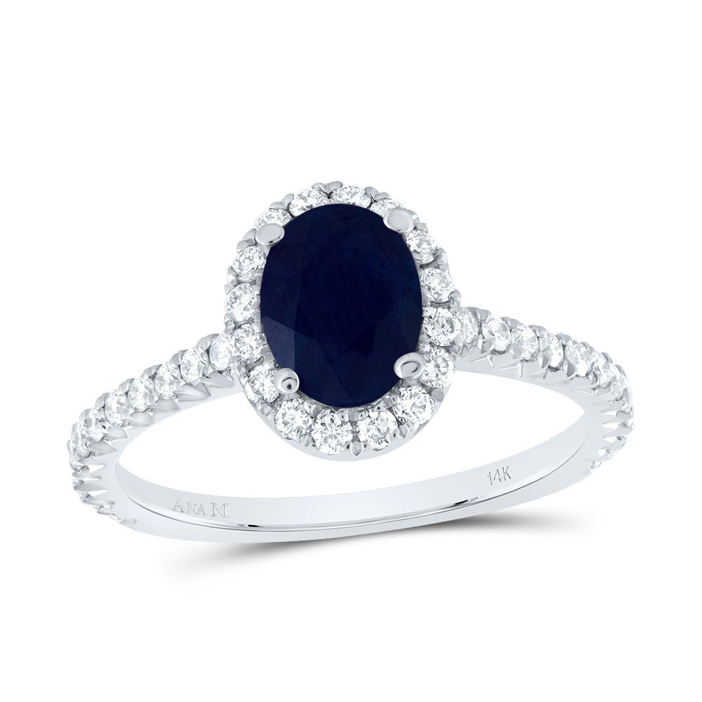 14K White Gold Diamond 7.5x5. Oval Blue Sapphire Gemstone Single Halo Engagement Ring 1/2 Cttw - Splendid Jewellery