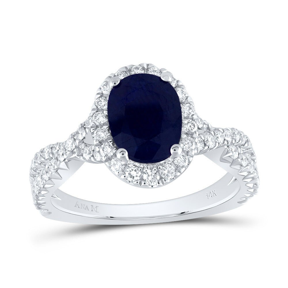 14K White Gold Diamond 9x6. Oval Blue Sapphire Gemstone Single Halo Engagement Ring 3/4 Cttw - Splendid Jewellery