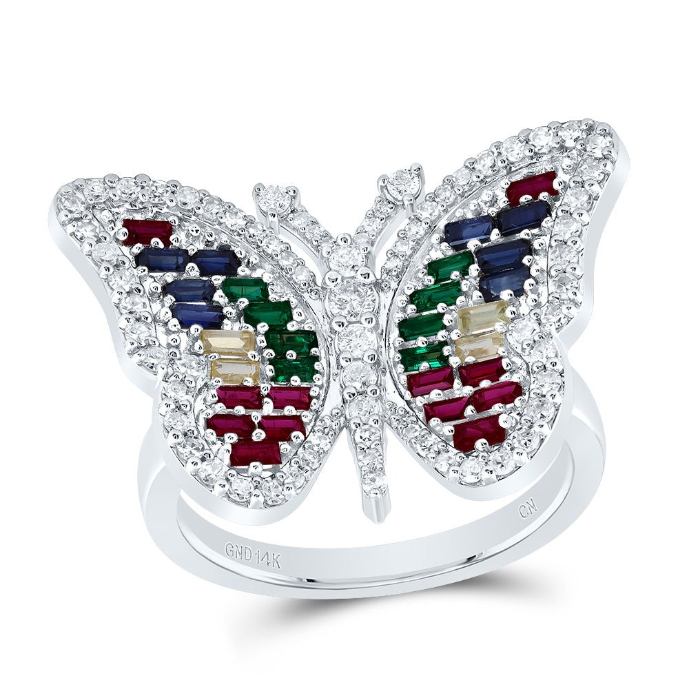 14K White Gold Diamond Bag Gemstone Multi Colour Sapphire Butterfly Ring 1/2 Cttw - Splendid Jewellery