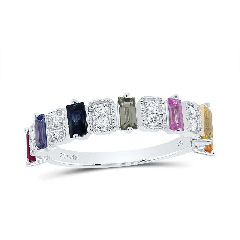 14K White Gold Diamond Bag Gemstone Multi Colour Sapphire Ring 1/6 Cttw - Splendid Jewellery