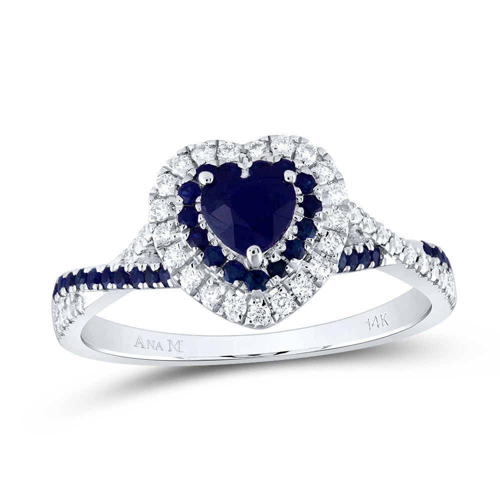 14K White Gold Diamond Blue Sapphire Blue Sapphire Gemstone Double Halo Bridal Ring 1/5 Cttw - Splendid Jewellery