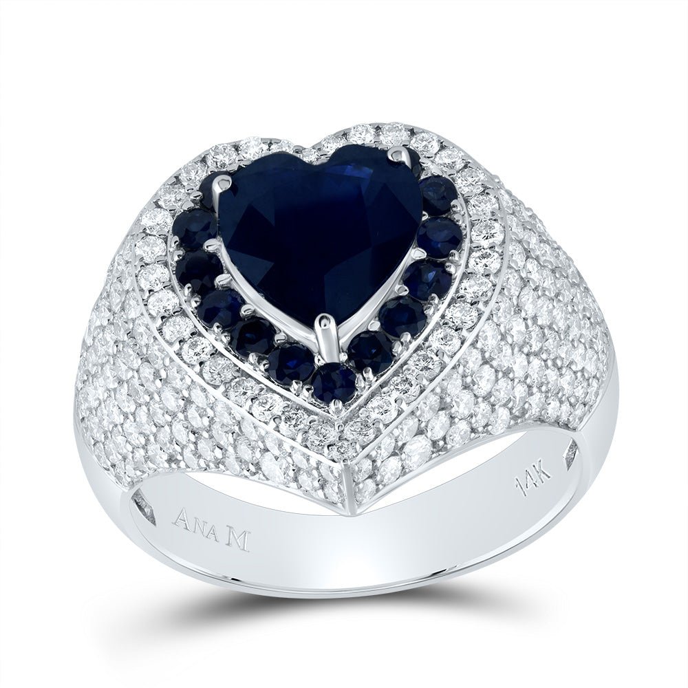 14K White Gold Diamond Blue Sapphire Blue Sapphire Gemstone Heart Ring 1 5/8 Cttw - Splendid Jewellery