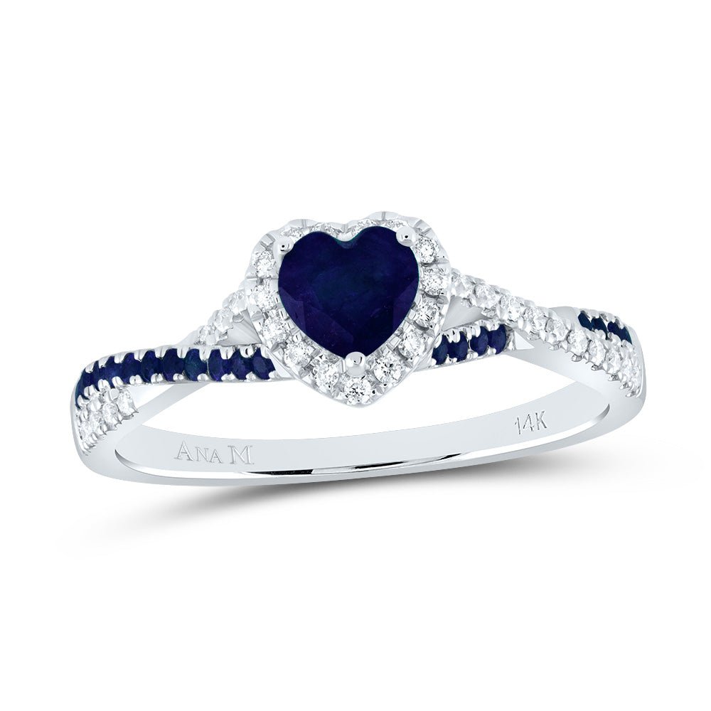 14K White Gold Diamond Blue Sapphire Blue Sapphire Gemstone Single Halo Bridal Ring 1/8 Cttw - Splendid Jewellery