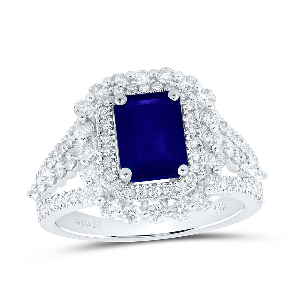 14K White Gold Diamond Blue Sapphire Emerald Gemstone Ring 1 Cttw - Splendid Jewellery