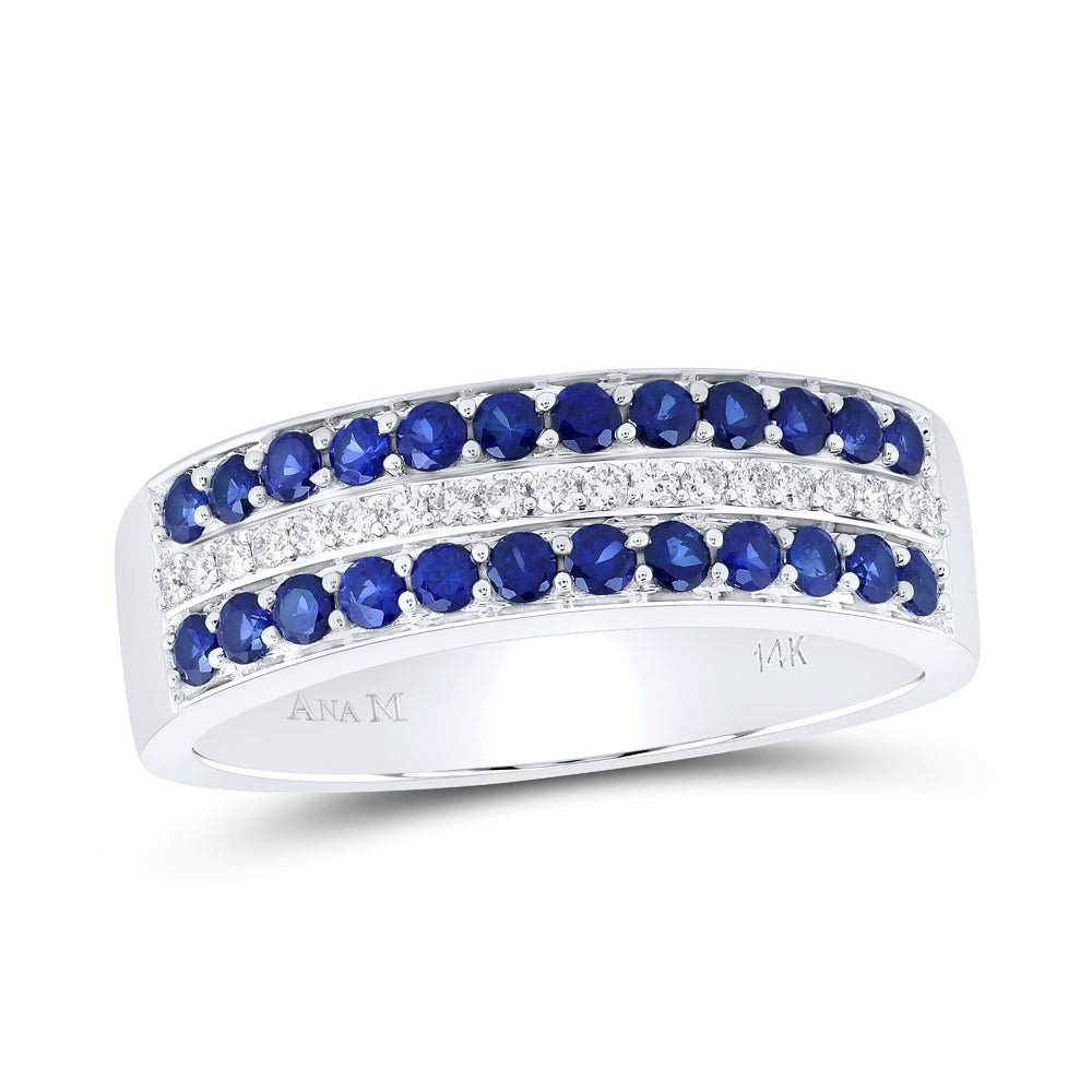 14K White Gold Diamond Blue Sapphire Gemstone Band 1/10 Cttw - Splendid Jewellery