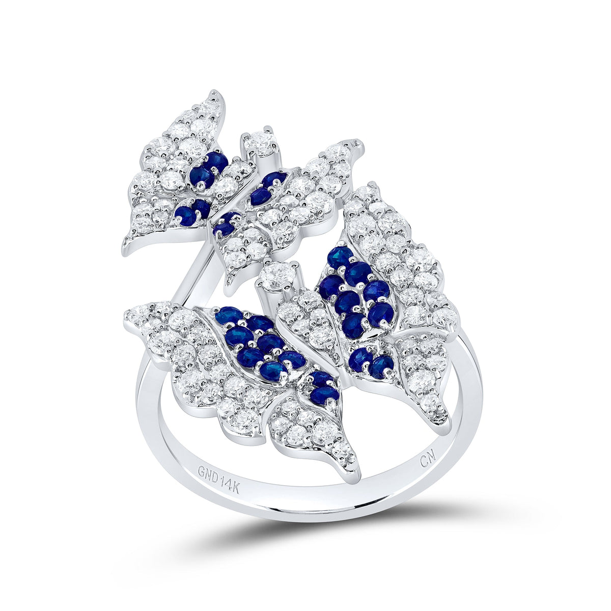 14K White Gold Diamond Blue Sapphire Gemstone Butterfly Ring 3/4 Cttw - Splendid Jewellery