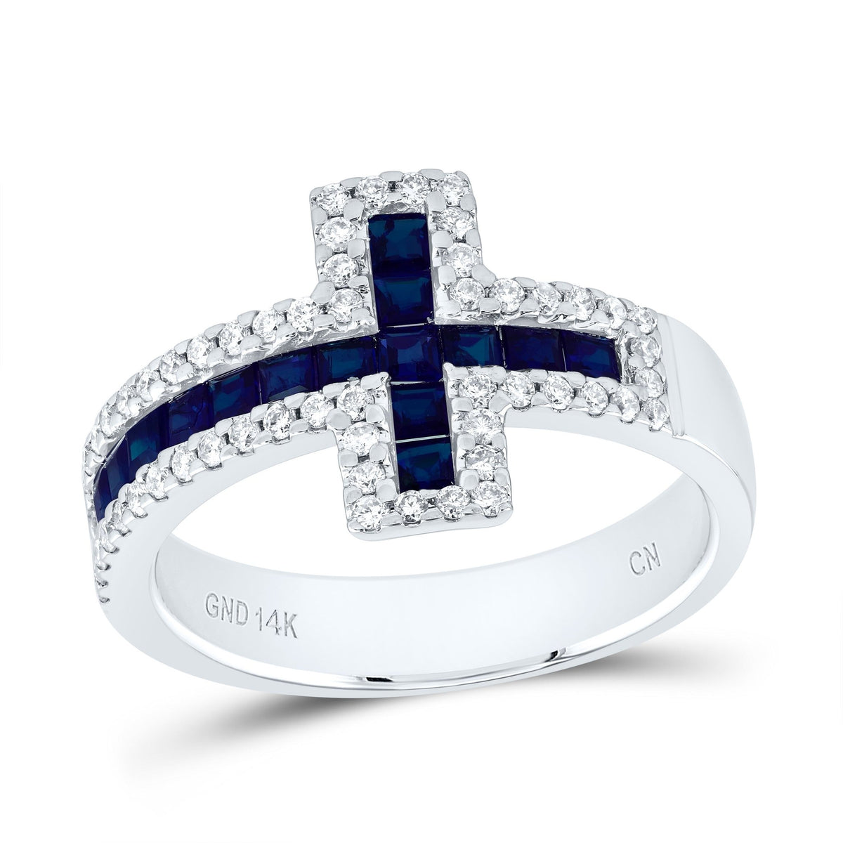 14K White Gold Diamond Blue Sapphire Gemstone Cross Ring 1/3 Cttw - Splendid Jewellery