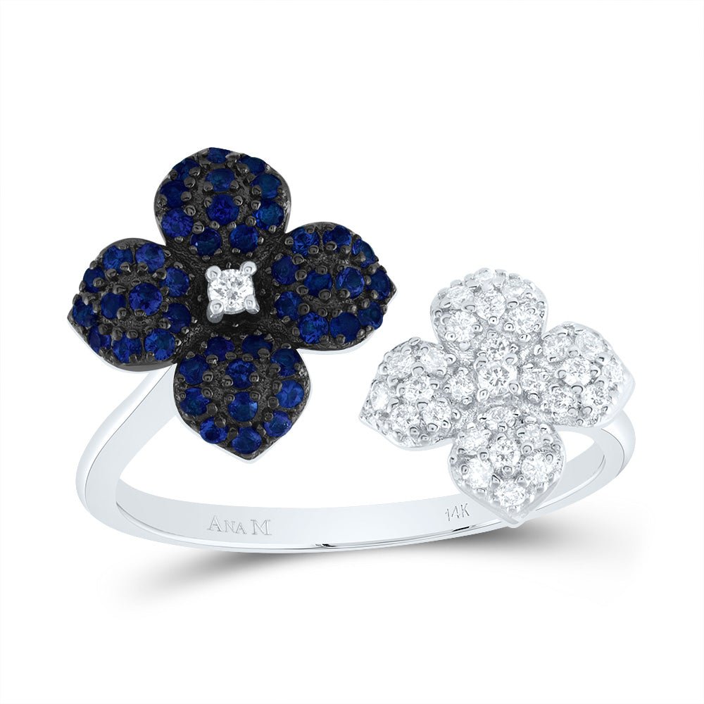 14K White Gold Diamond Blue Sapphire Gemstone Flower Ring 1/6 Cttw - Splendid Jewellery