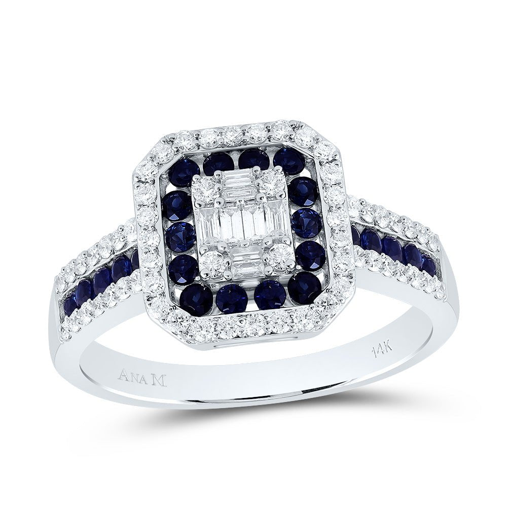 14K White Gold Diamond Blue Sapphire Gemstone Octagon Ring 3/8 Cttw - Splendid Jewellery