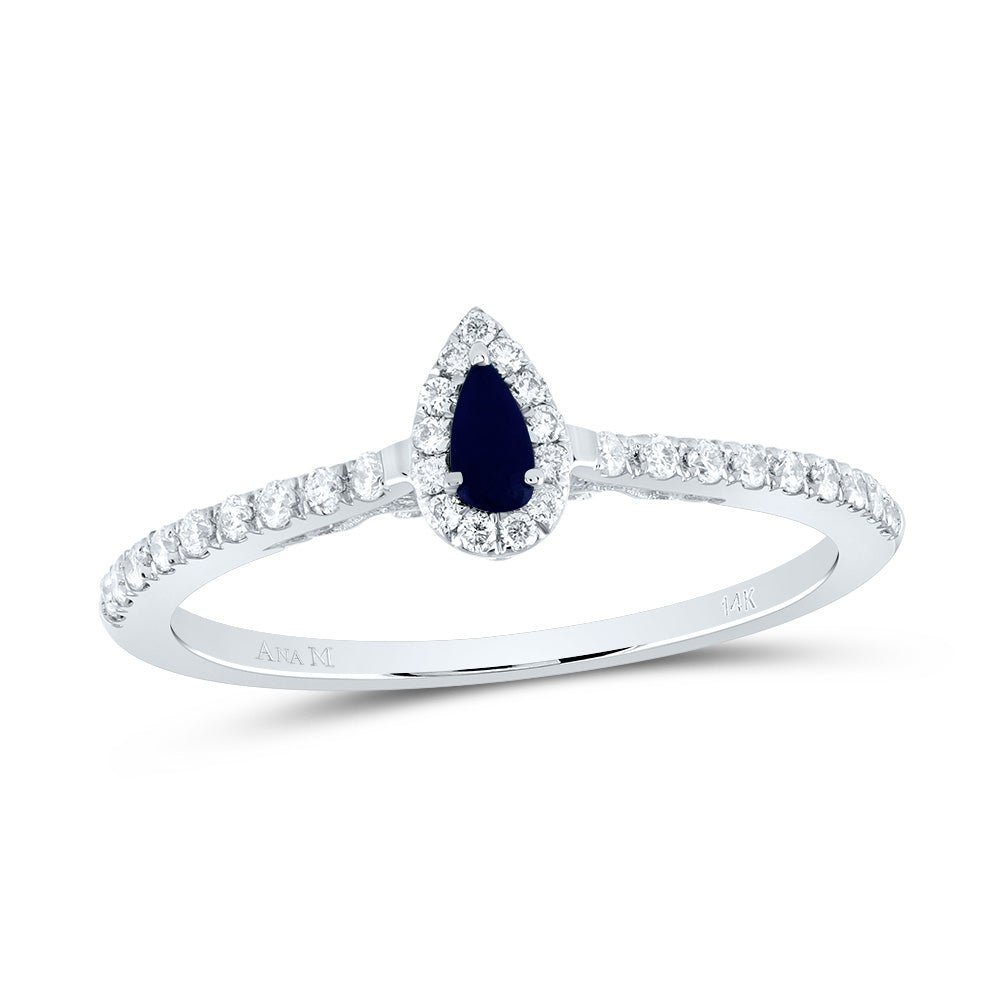 14K White Gold Diamond Blue Sapphire Gemstone Pear Ring 1/5 Cttw - Splendid Jewellery