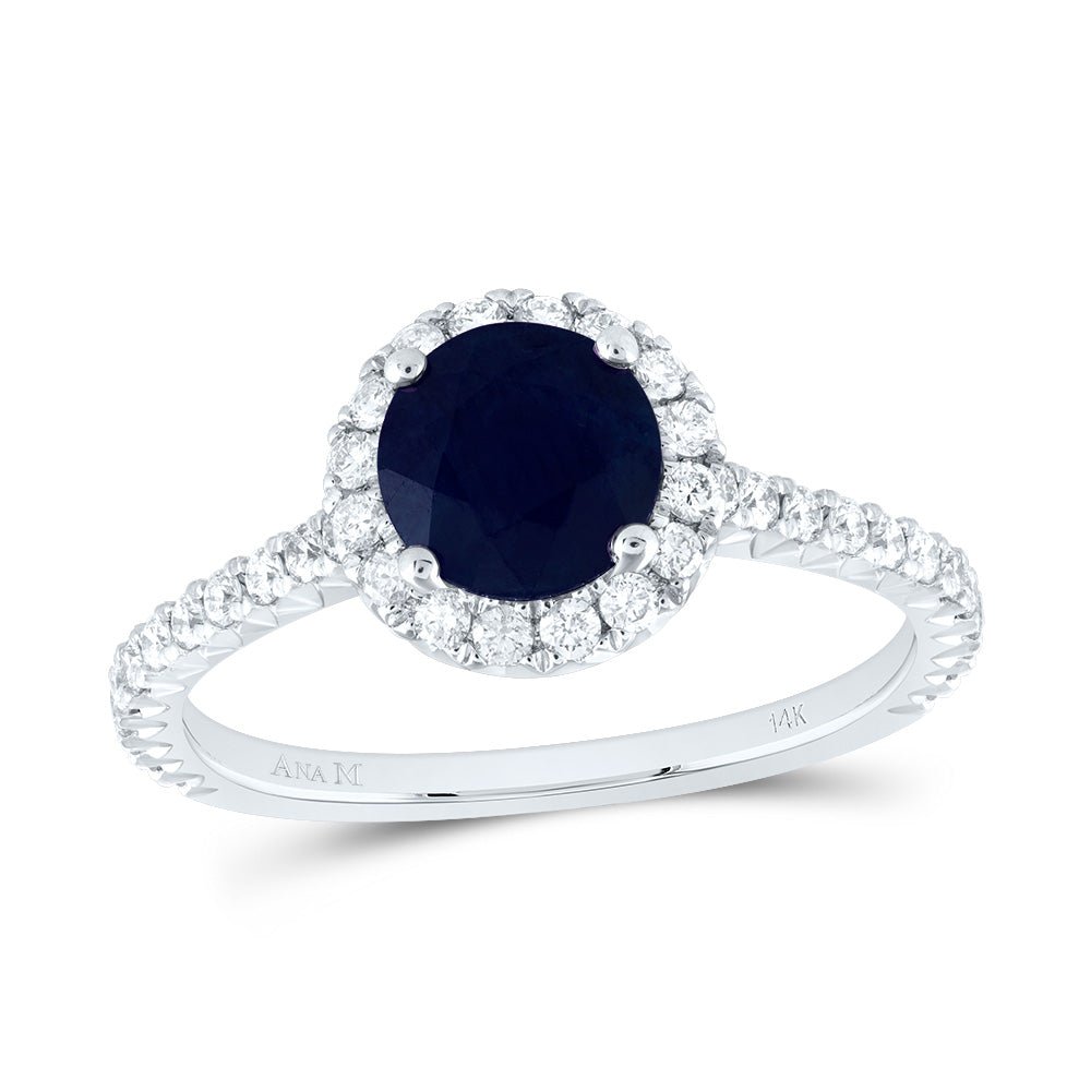14K White Gold Diamond Blue Sapphire Gemstone Single Halo Engagement Ring 1/2 Cttw - Splendid Jewellery