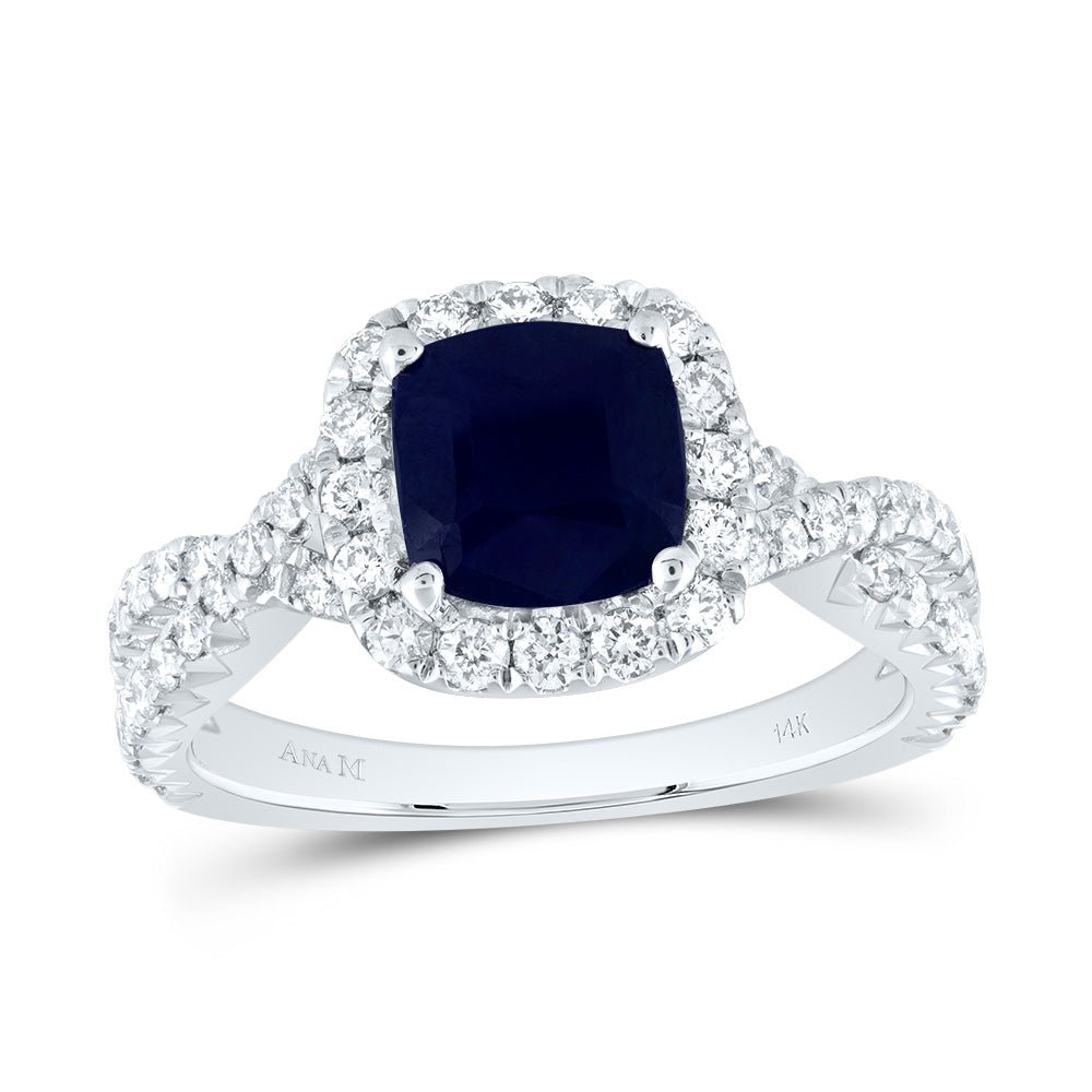 14K White Gold Diamond Blue Sapphire Gemstone Single Halo Engagement Ring 3/4 Cttw - Splendid Jewellery