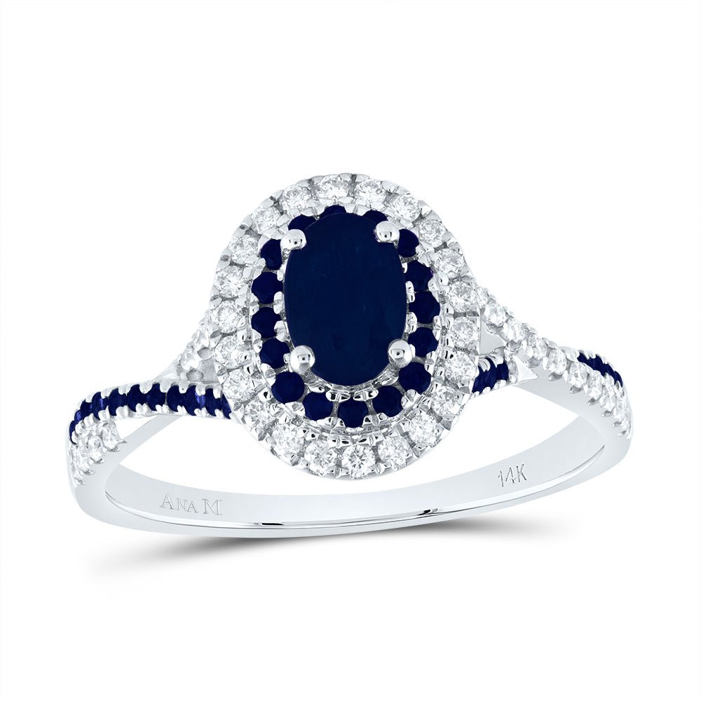 14K White Gold Diamond Blue Sapphire Oval Blue Sapphire Gemstone Double Halo Bridal Ring 1/5 Cttw - Splendid Jewellery