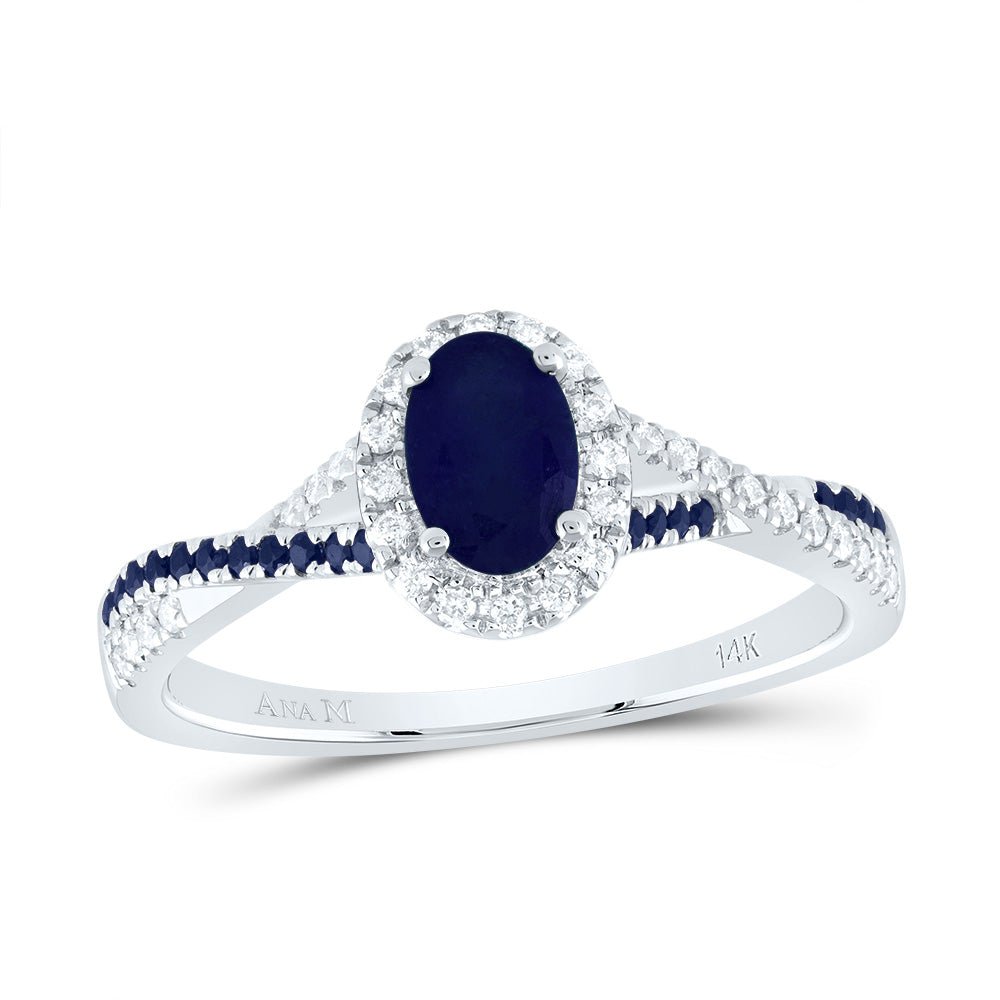 14K White Gold Diamond Blue Sapphire Oval Blue Sapphire Gemstone Single Halo Bridal Ring 1/8 Cttw - Splendid Jewellery