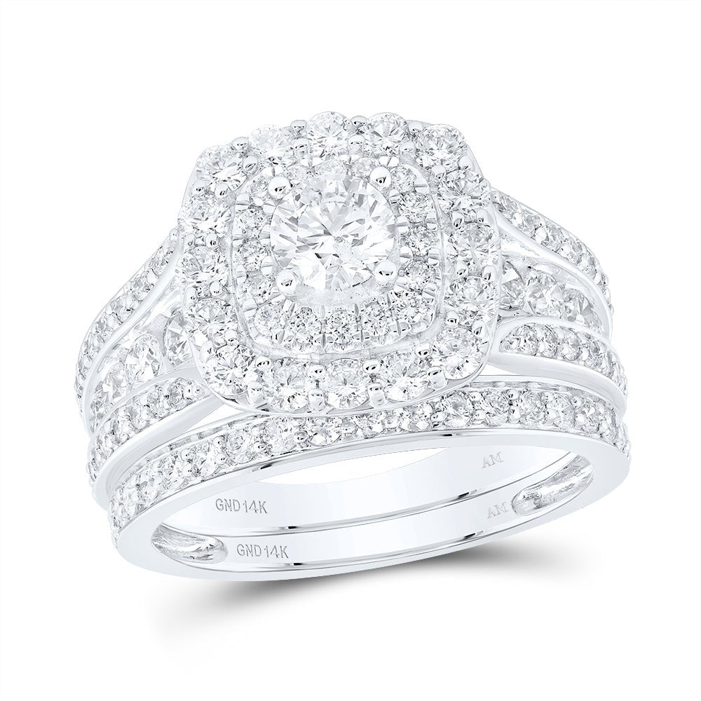 14K White Gold Diamond Cushion Double Halo Bridal Set 2 Cttw - Splendid Jewellery