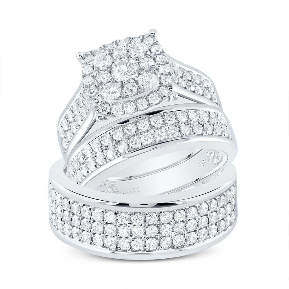 14K White Gold Diamond Cushion Trio Ring Set 2 3/8 Cttw - Splendid Jewellery