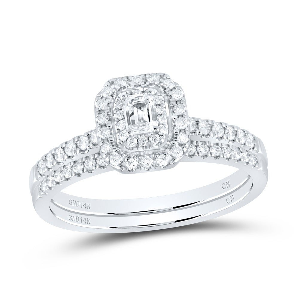 14K White Gold Diamond Emerald Double Halo Bridal Set 1/2 Cttw - Splendid Jewellery