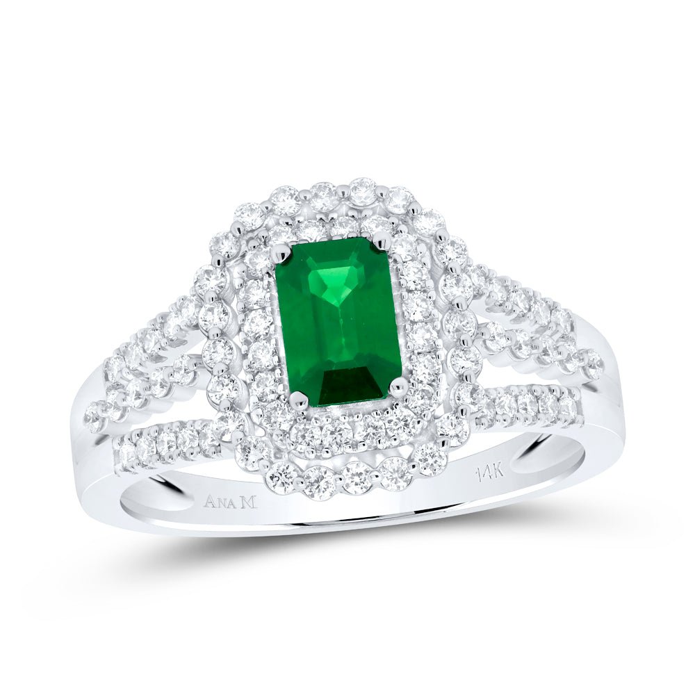 14K White Gold Diamond Emerald Gemstone Ring 1/2 Cttw - Splendid Jewellery