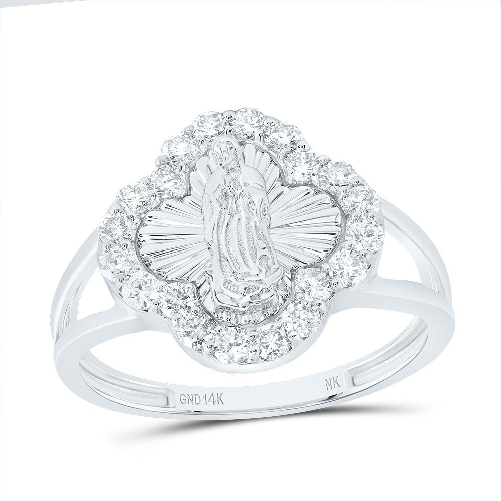 14K White Gold Diamond Fashion Virgin Mother Mary Clover Women's Ring 1/2 Cttw - Splendid Jewellery