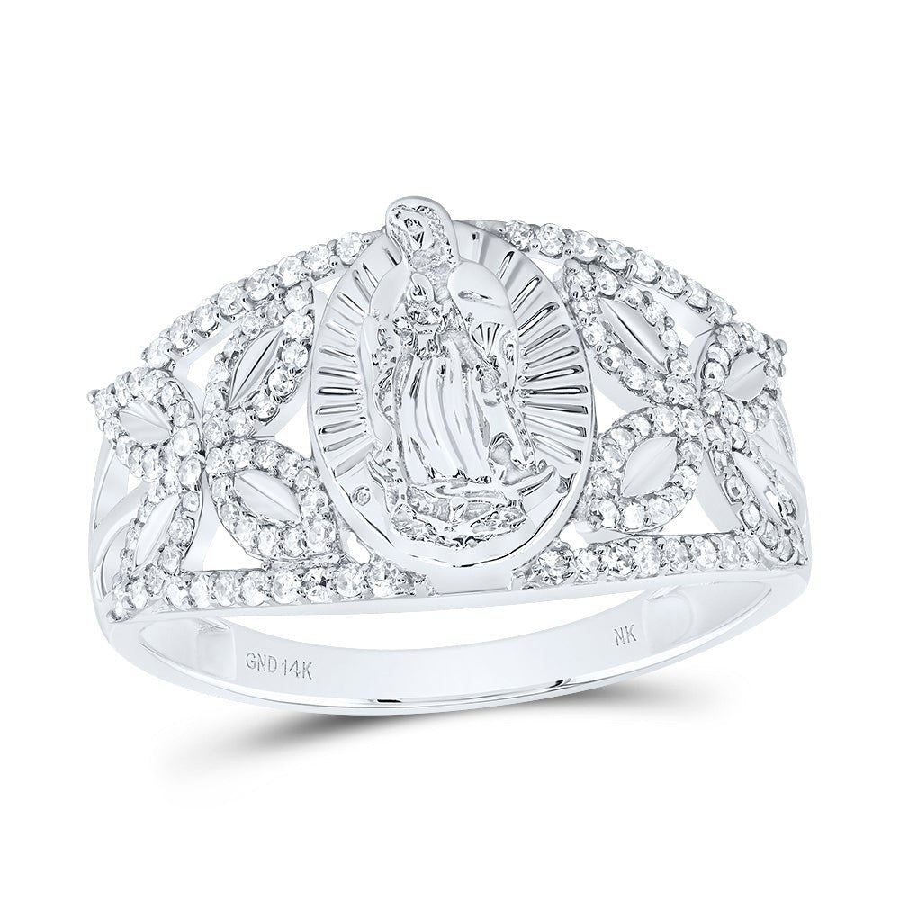 14K White Gold Diamond Fashion Virgin Mother Mary Oval Women's Ring 1/3 Cttw - Splendid Jewellery