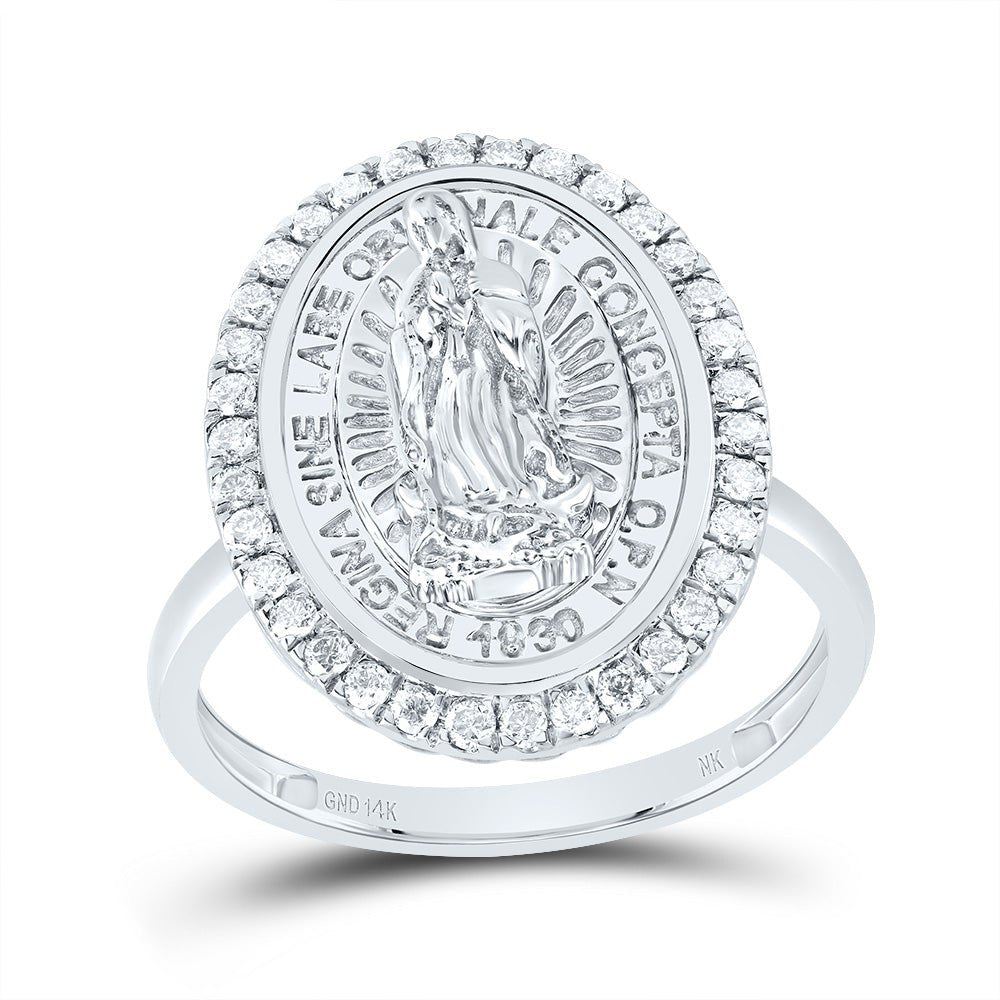 14K White Gold Diamond Fashion Virgin Mother Mary Oval Women's Ring 1/3 Cttw - Splendid Jewellery