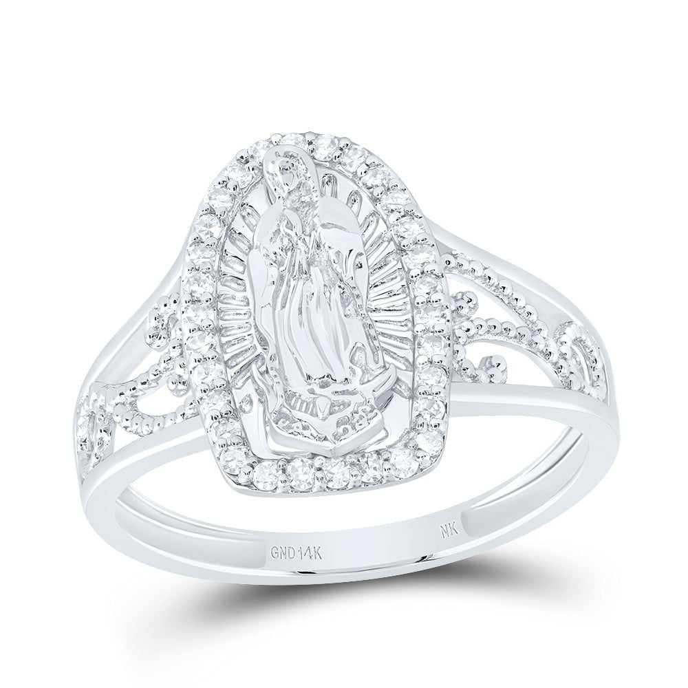 14K White Gold Diamond Fashion Virgin Mother Mary Women's Ring 1/5 Cttw - Splendid Jewellery