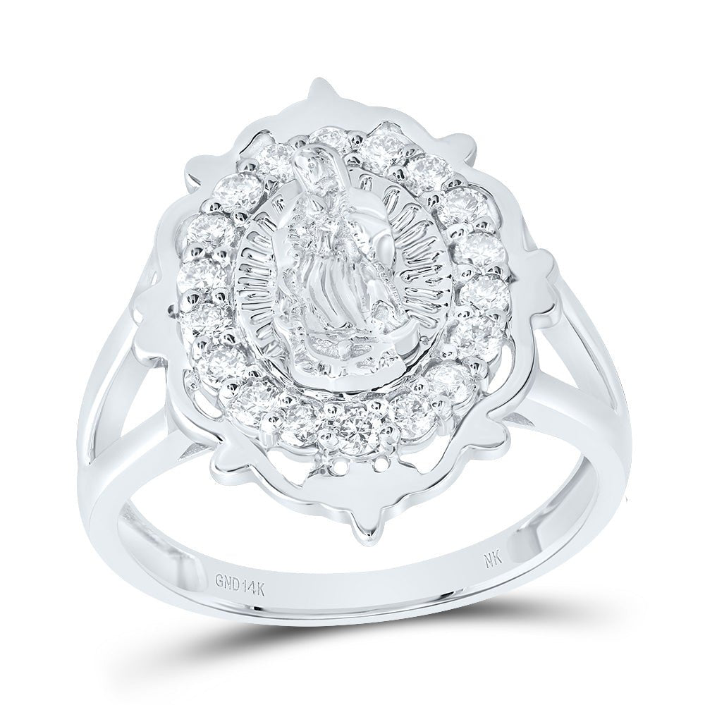 14K White Gold Diamond Fashion Virgin Mother Mary Women's Ring 3/8 Cttw - Splendid Jewellery