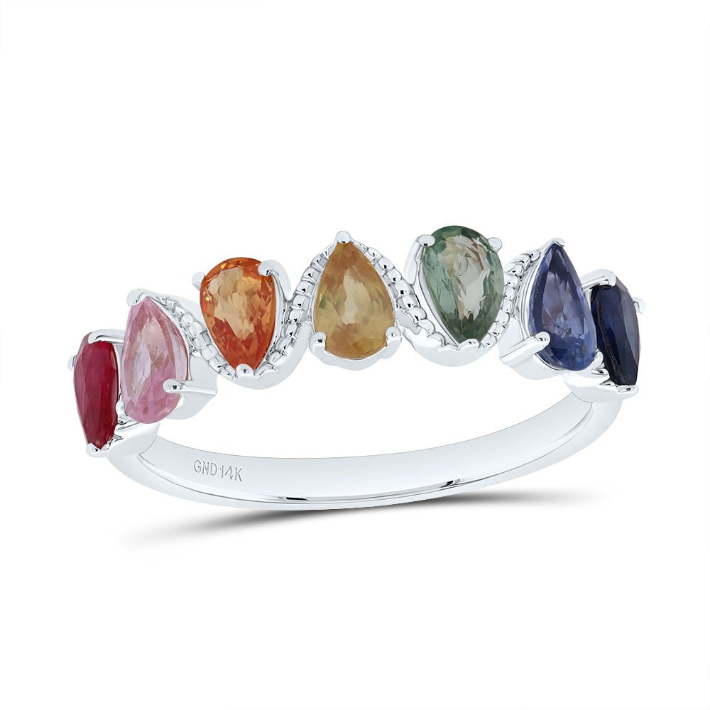 14K White Gold Diamond Gemstone Multi Colour Sapphire Pear Ring 1 3/4 Cttw - Splendid Jewellery