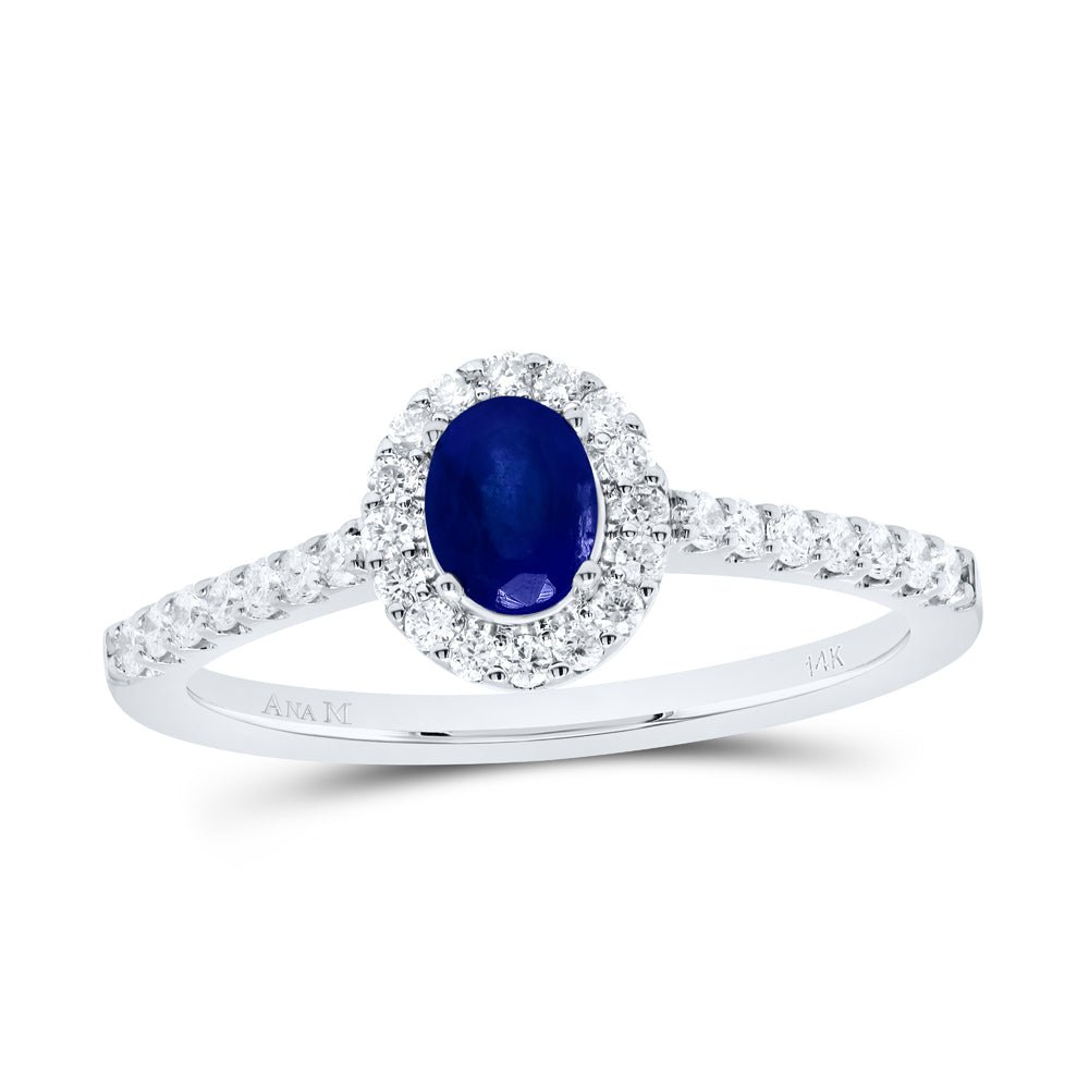 14K White Gold Diamond Oval Blue Sapphire Gemstone Ring 1/3 Cttw - Splendid Jewellery